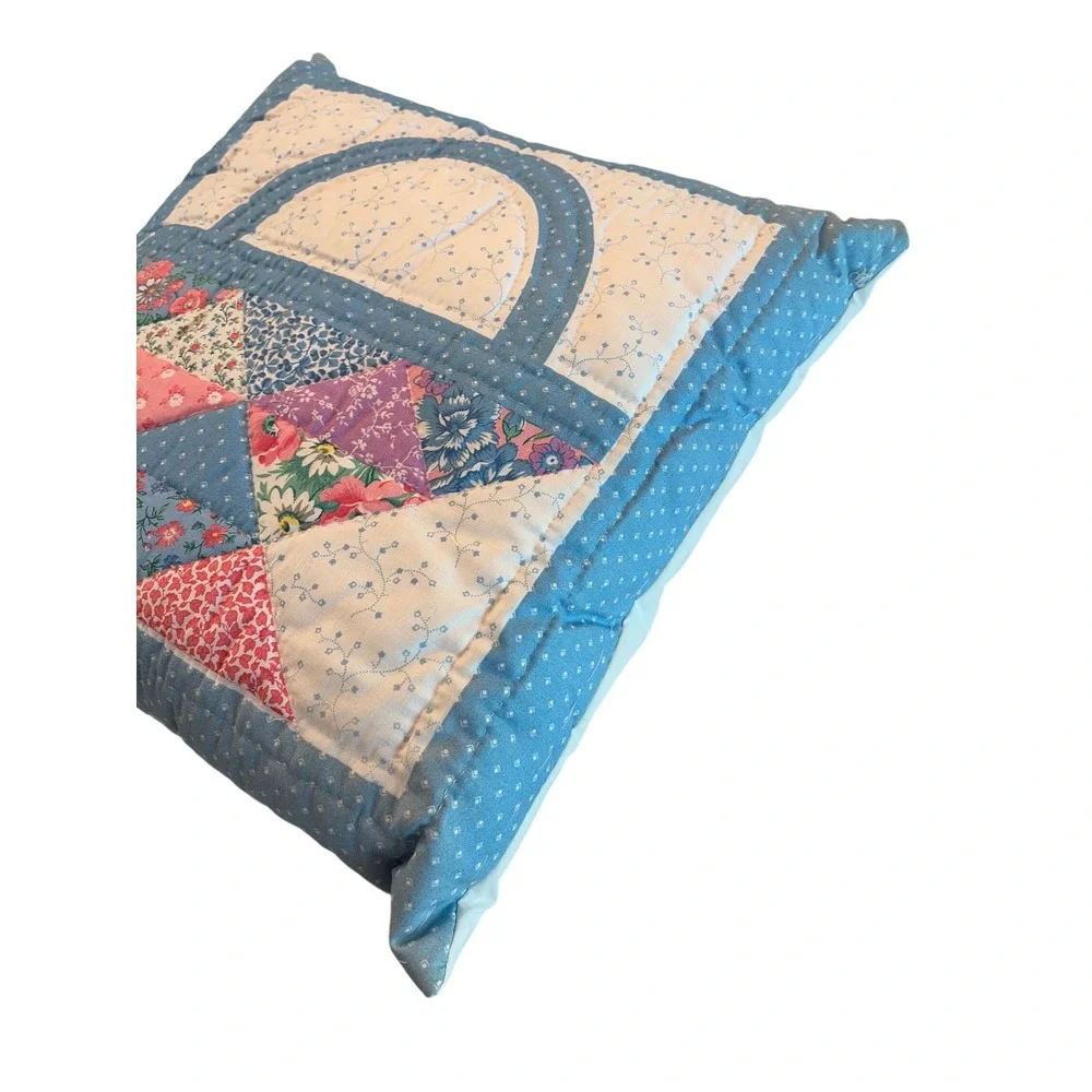 Handmade Quilted Basket Patchwork Throw Pillow Blue Floral Cottagecore